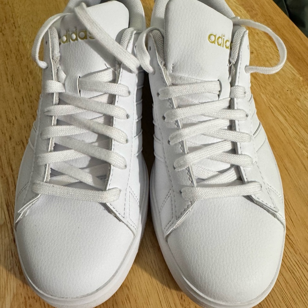 Adidas Classic White Shoes with Gold Accents